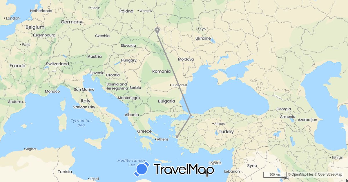 TravelMap itinerary: driving, plane in Turkey, Ukraine (Asia, Europe)